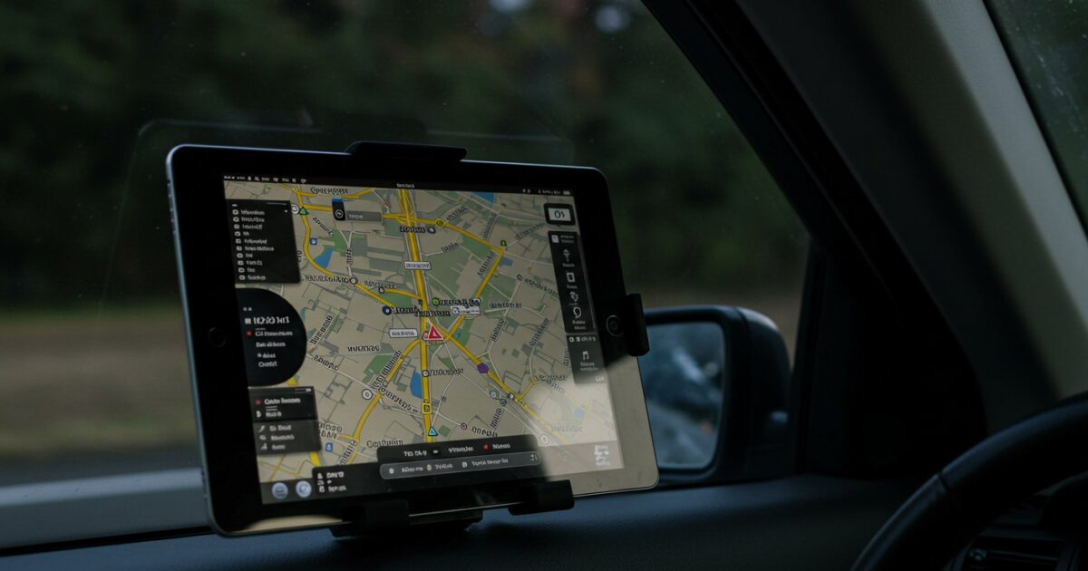 車の助手席側に取り付けられたナビゲーション表示中のタブレット