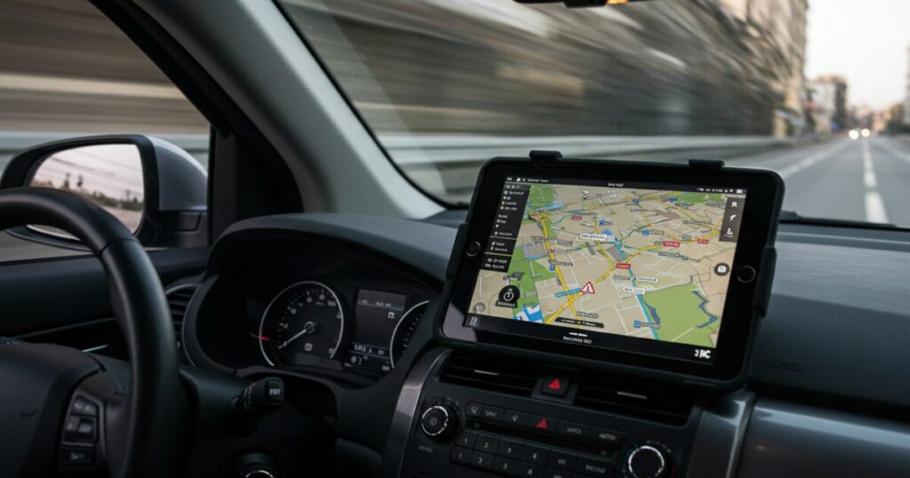 走行中の車内に設置されたタブレットナビホルダー