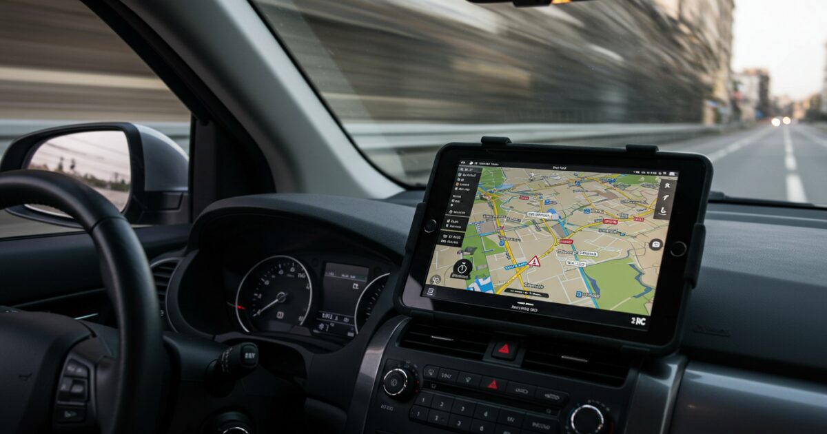 走行中の車内に設置されたタブレットナビホルダー