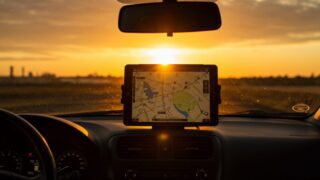 夕焼け時にダッシュボードに設置されたタブレットナビホルダー