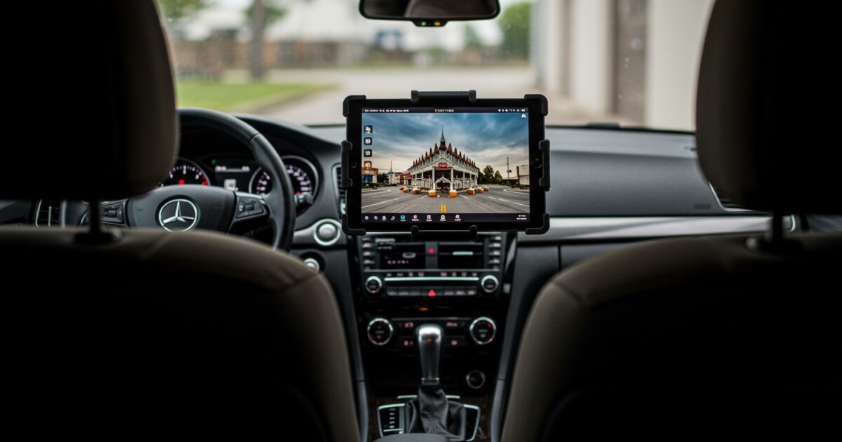 ヘッドレストに取り付けられた後部座席向けのタブレットホルダー