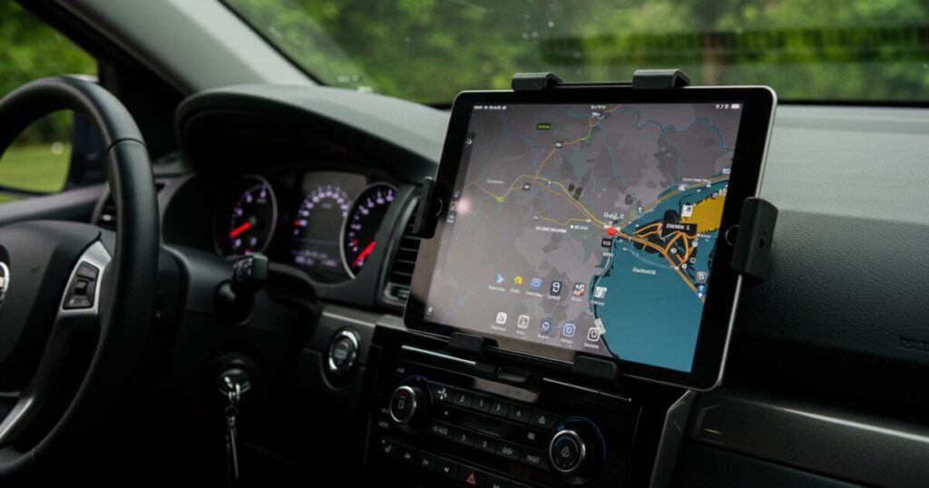地図アプリを表示した大型タブレットを固定する車載ホルダー
