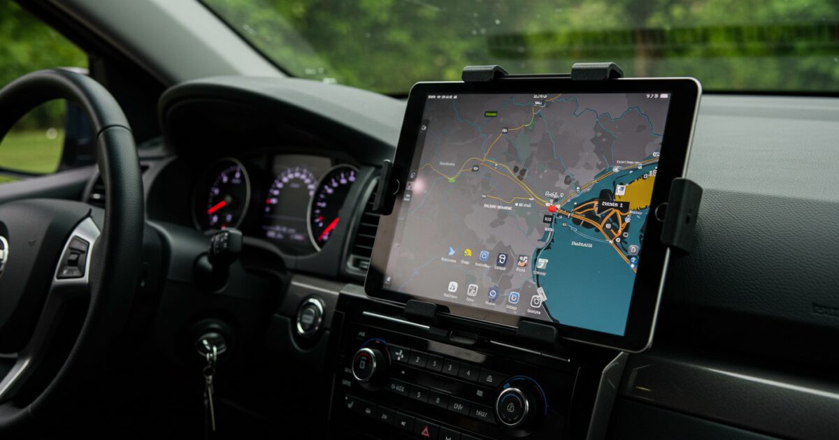 地図アプリを表示した大型タブレットを固定する車載ホルダー