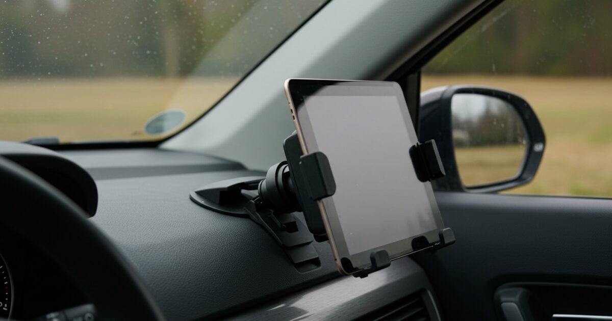 ダッシュボードに設置された車載タブレットスタンド