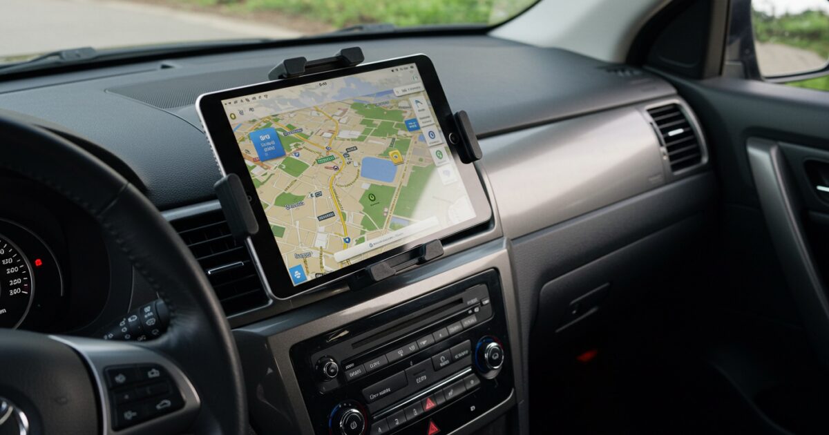 車内ダッシュボードに取り付けられたナビゲーション用タブレット