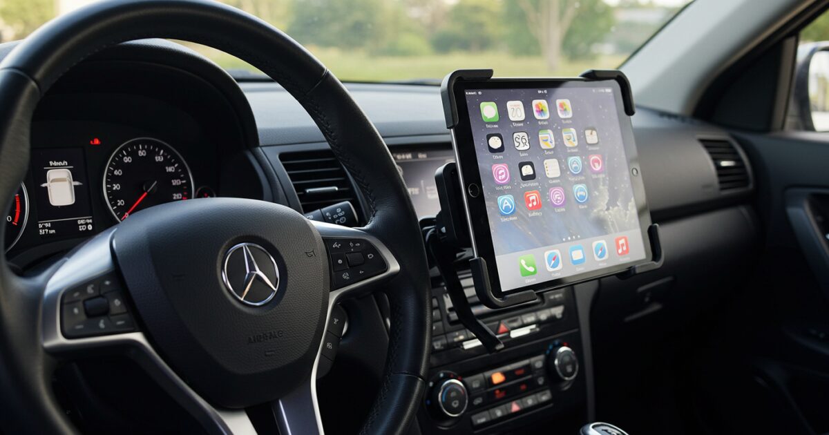 ステアリング横に設置されたタブレットを保持する車載ホルダー