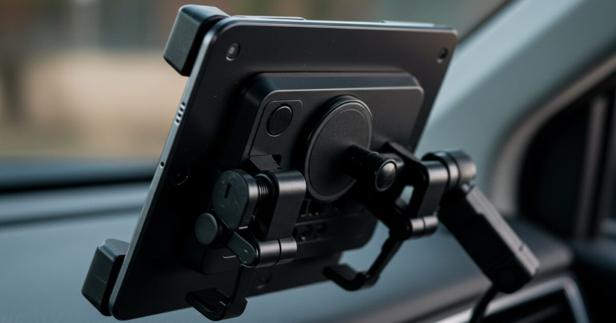 車内タブレットホルダーのクローズアップ