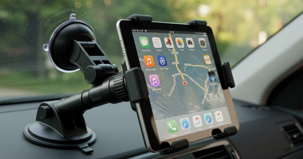 吸盤式タブレットホルダーに取り付けられたiPad