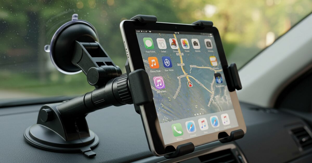 吸盤式タブレットホルダーに取り付けられたiPad