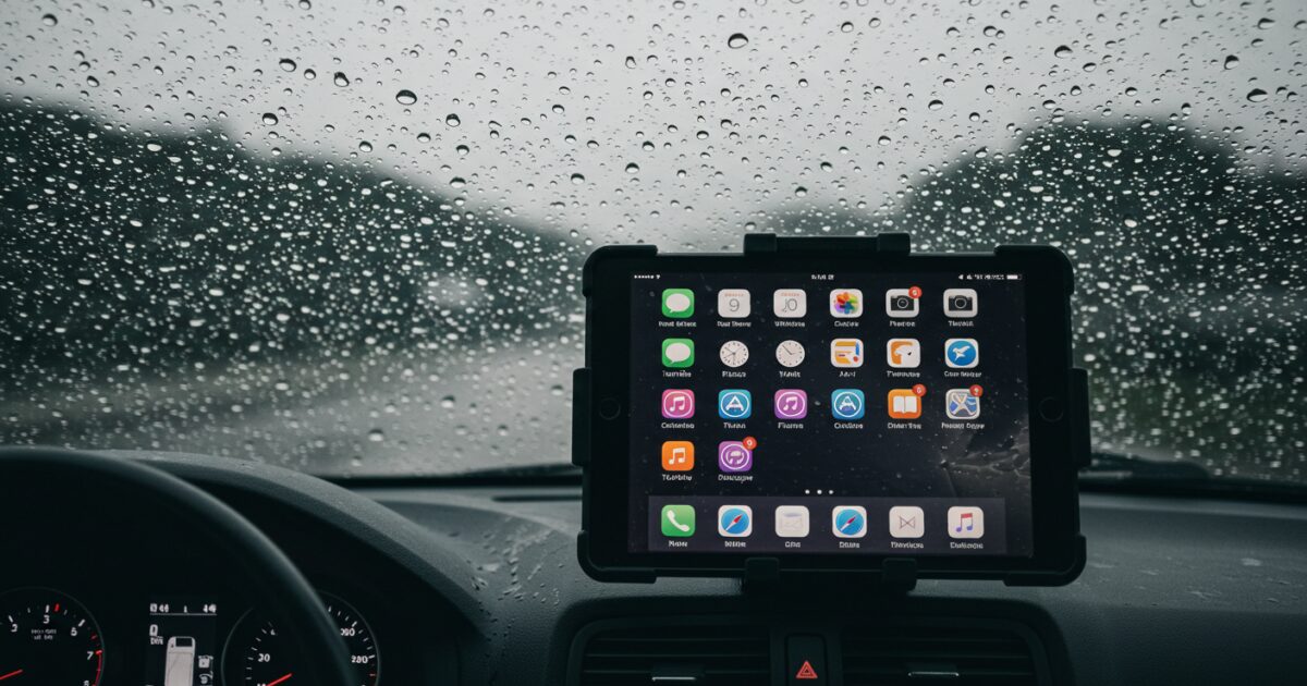 雨の日にフロントガラスに固定されたタブレットホルダー