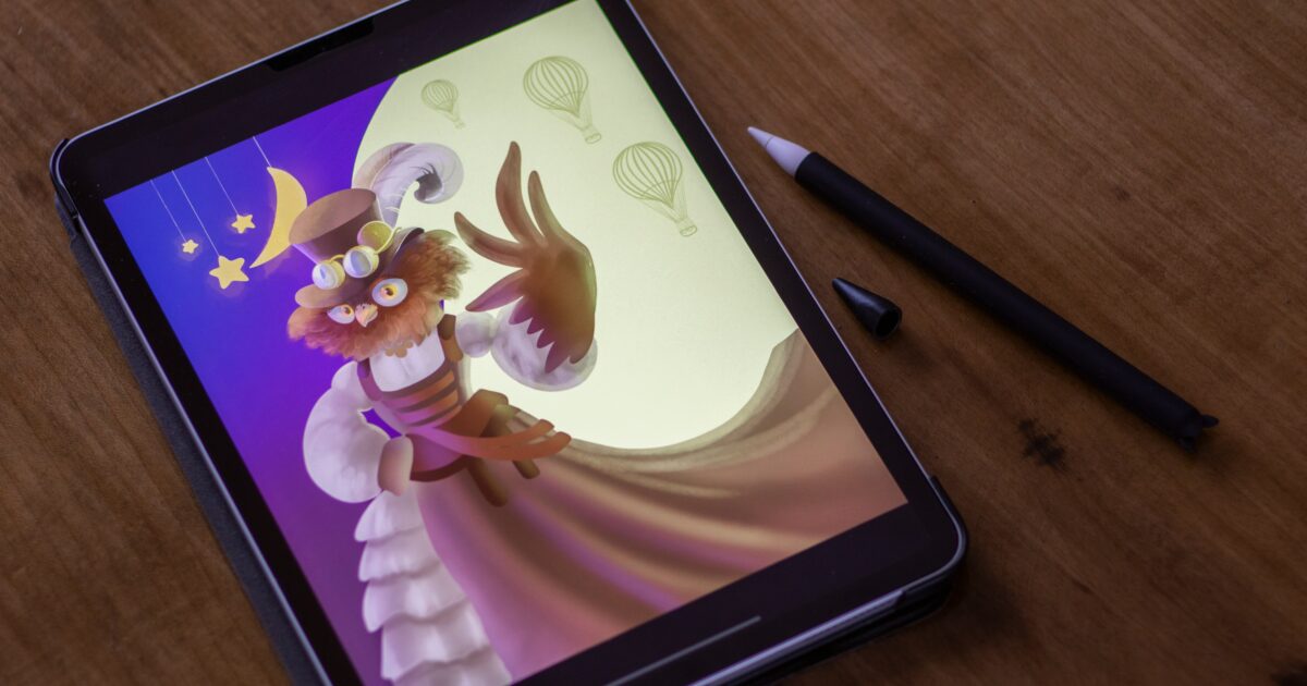 デジタルアートが表示されたタブレットとスタイラスペン